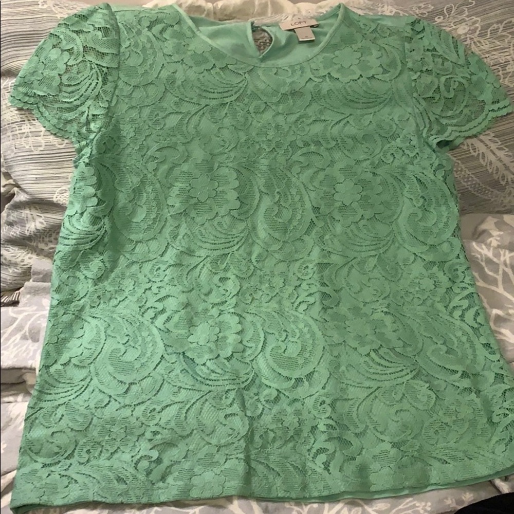 LOFT Mint Green Lace Short Sleeve Blouse